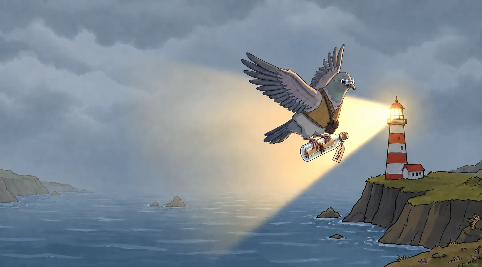 Psy the carrier pigeon flying through a storm toward a lighthouse beam, carrying a bottle of notes