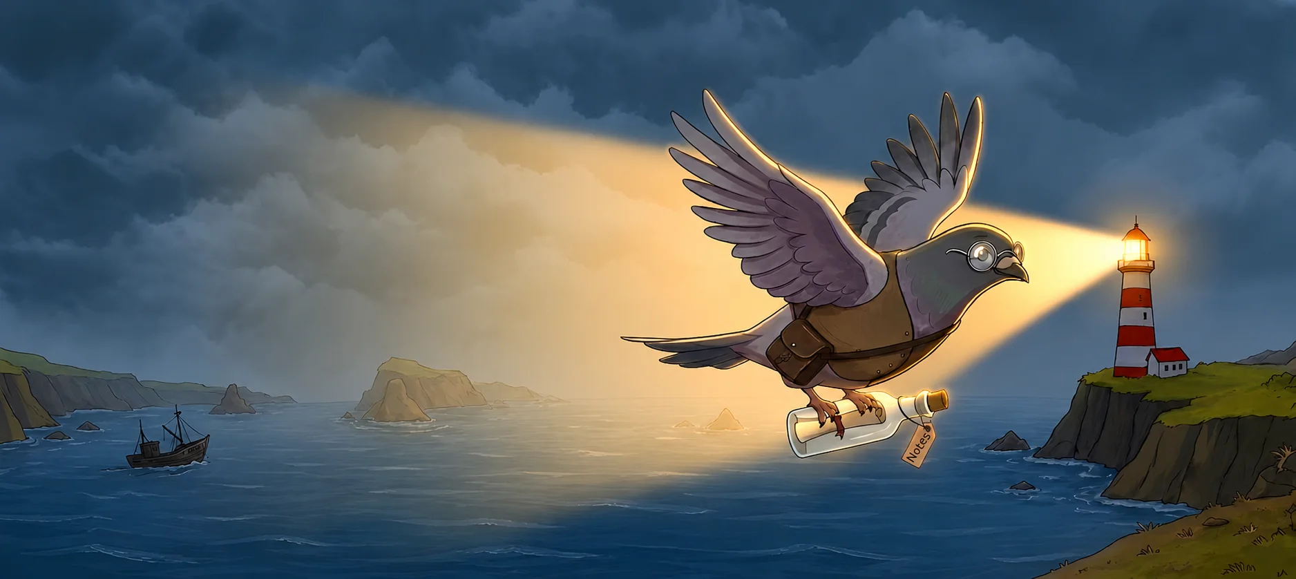 Psy the carrier pigeon flying through a storm toward a lighthouse beam, carrying a bottle of notes