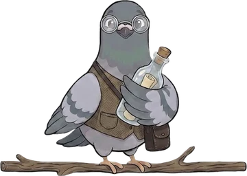 Psy the pigeon holding a corked bottle with a letter rolled up inside