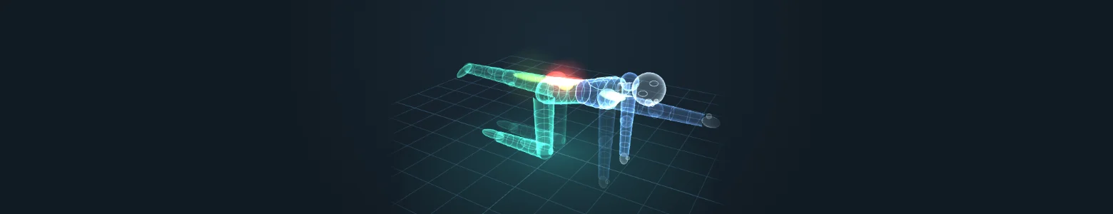 The app’s 3D figure doing a bird dog, the glutes and low back lit up