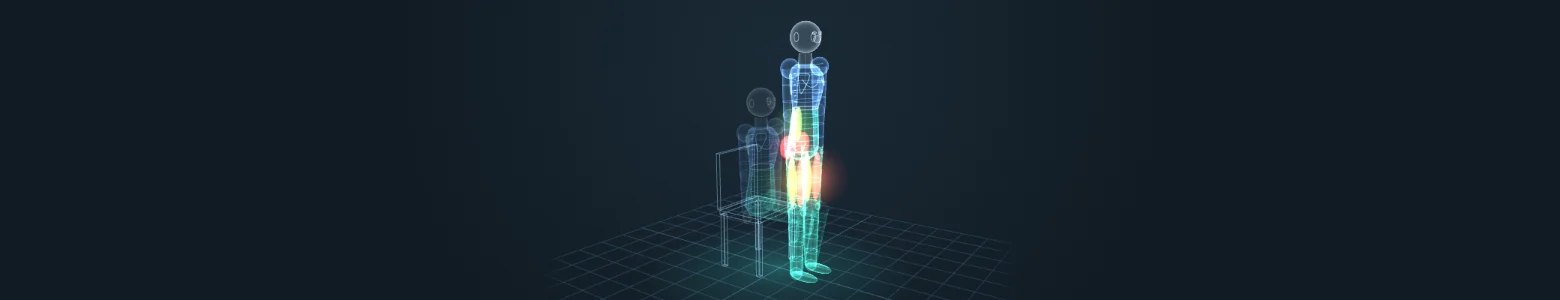 The app’s 3D figure rising from a chair, the glutes and the front of the thigh lit up