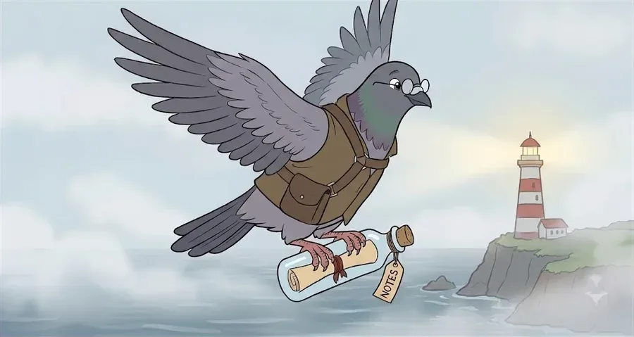 Psy flying a bottled note home toward a lighthouse