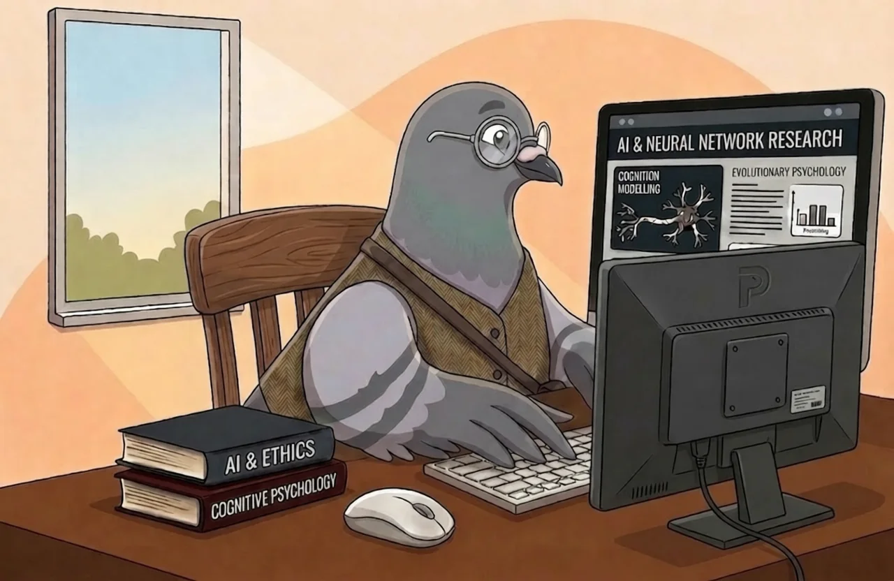 Psy the pigeon at a desk studying books on AI ethics and cognitive psychology, reading AI and Neural Network Research on a monitor