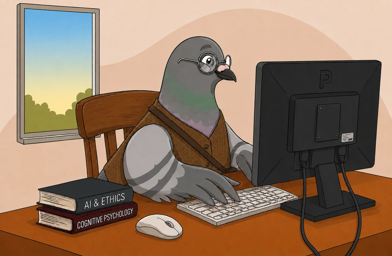 Psy the pigeon at a desk in a waistcoat and spectacles, working at a computer beside books on AI ethics and cognitive psychology